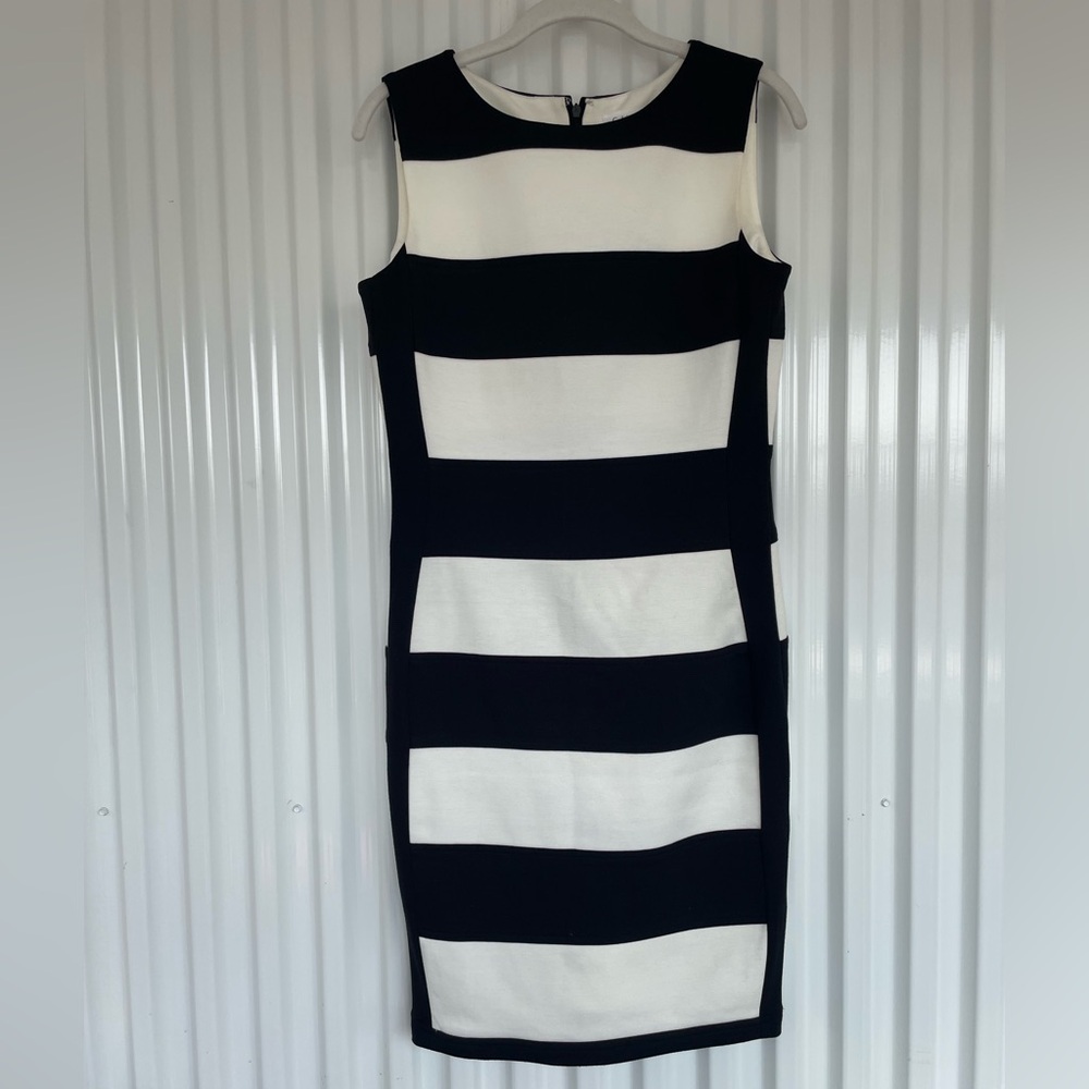 Calvin Klein Black and White Striped Midi Dress